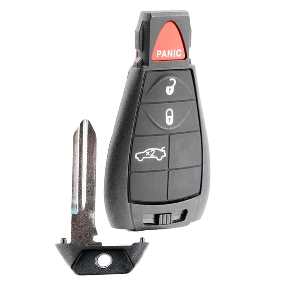 KeylessOption replacement fob and uncut key for Chrysler, Dodge (68058346AH) 4-button fob w/ trunk release