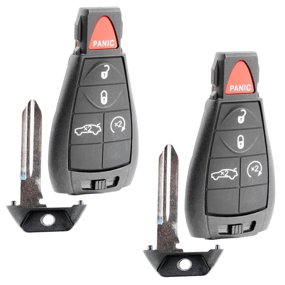 KeylessOption replacement fob and uncut key for Chrysler, Dodge (68058348AH) 4-button fob w/ remote start & trunk release, 2 pack