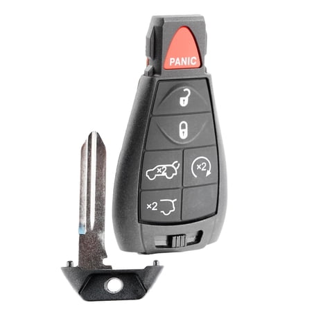 KeylessOption replacement fob and uncut key for Jeep (68051666AI) 4-button fob w/ tailgate release, rear glass release, remote start