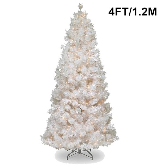 Keylever 4ft White Artificial Christmas Pine Tree with Warm White LED Lights, Metal Stand, 300 Tips