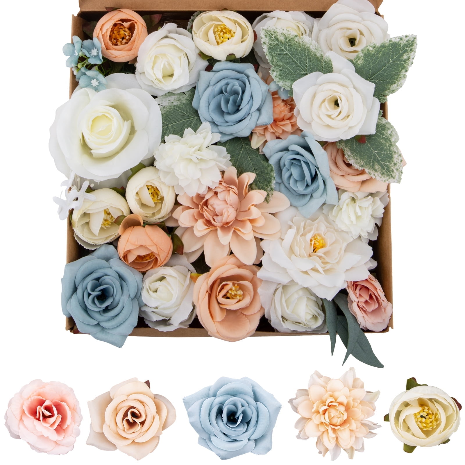 Keylever Artificial Flowers Rose Combo Box Set, Silk Fake Flowers Bulk Leaf with Stems for DIY Wedding Bouquet Arch Centerpiece Crafts Baby Shower Party Home Decorations, Champagne Ivory Blue