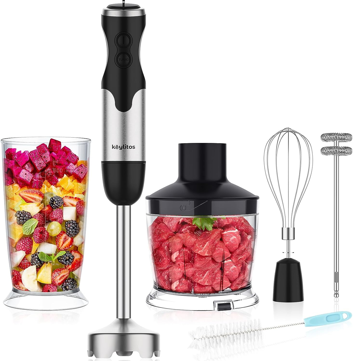 Keylitos 5 in 1 Immersion Hand Blender, 12 Speed Handheld Stick Blender with 304 Stainless Steel Blades, Chopper, Beaker, Whisk and Milk Frother for Smoothie, Baby Food, Sauces Red,Puree,Soup