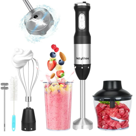 Keylitos 5 in 1 Immersion Hand Blender Mixer, [Upgraded] Handheld Stick Blender with 600ML Chopper, 800ML Beaker, Whisk and Milk Frother for Smoothie, Baby Food, Sauces Red,Puree, Soup (Black) Y101