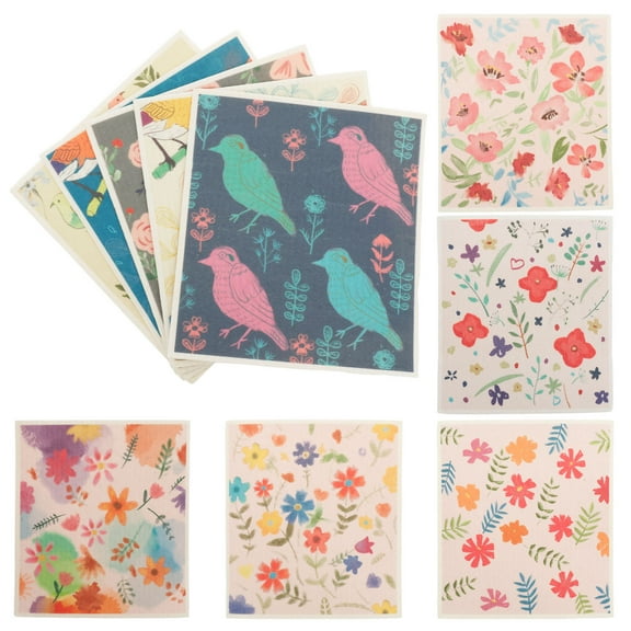 Keyohome 10/12Pcs Swedish Dish Cloth Set Reusable Kitchen Absorbent Dish Towel Flower Bird Pattern Kitchen Cleaning Cloth for Bathroom Countertop