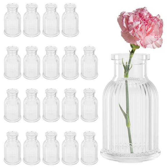 Keyohome 20Pcs Thick Glass Small Flower Vase for Table Centrepiece Versatile Decorative Ribbed Mini Vase for Wedding Party Living Room