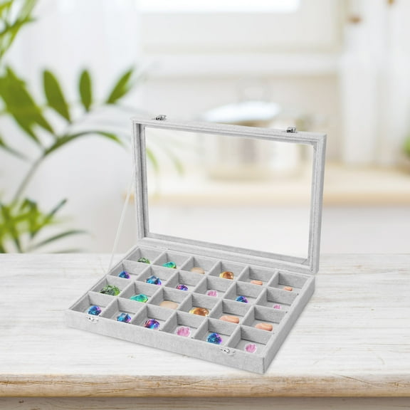 Keyohome 24 Grid Rock Display Case With Metal Lock Clear Glass Lid Multipurpose Gemstone Collection Case With Detachable Divider for Jewelry Badge Gem and Stone