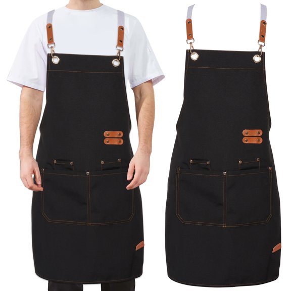 Keyohome 2Pcs Cooking Apron Adjustable Chef Apron with 4 Pockets Waterproof Canvas Kitchen Pinafore for Restaurant Hotel Kitchen