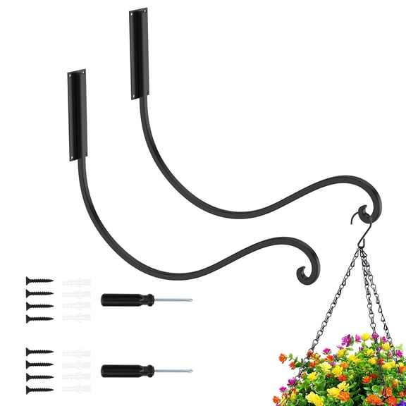 Keyohome 2Pcs Hanging Basket Bracket Black Metal Flower Pot Wall Hooks Sturdy Wall Hangers with Screws for Bird Feeder Lantern Light