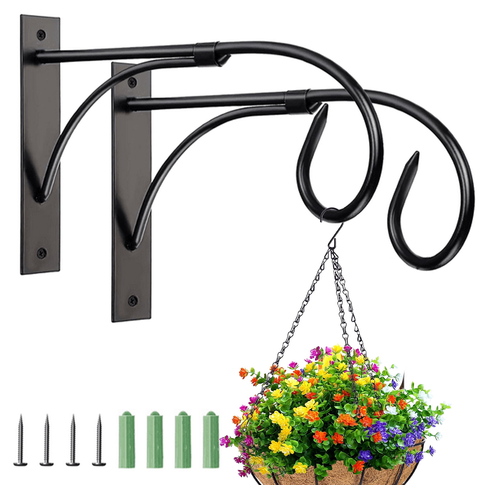 Keyohome 2Pcs Hanging Plant Basket Brackets,10.53" Metal Plant Hanger Hook  Heavy-Duty Wall Plant Hooks with Screws for Outdoor Indoor