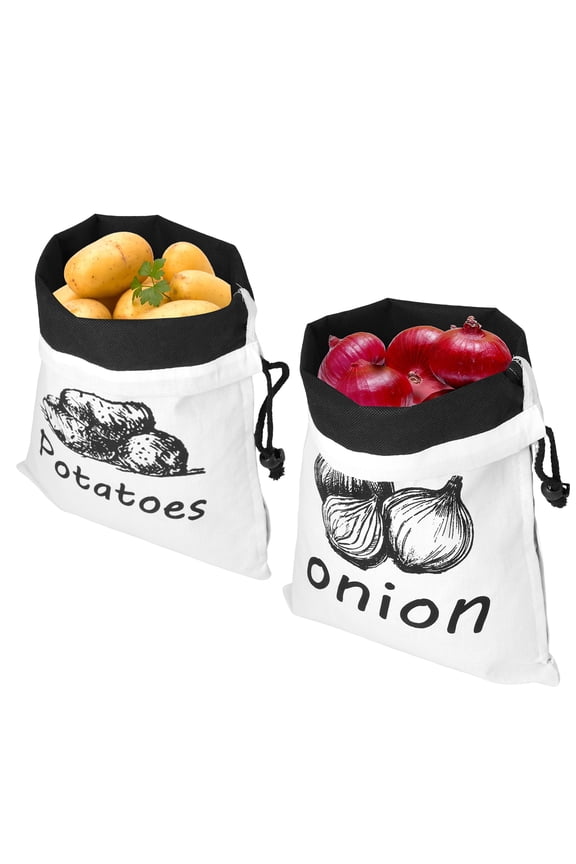 2Pcs Potato Drawstring Bag Canvas Onion Storage Bag Large Capacity Washable Garlic Keeper Vegetable and Fruit Storage with Side Zipper for Kitchen