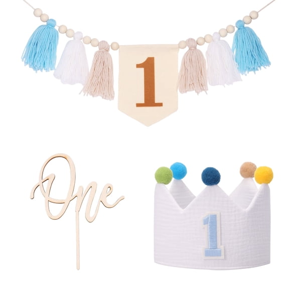 Threns 3 Pcs Baby First Birthday Party Decorations Includes High Chair Banner Crown Hat and Cake Topper Unique 1st Birthday Decorations for Baby Girls and Boys