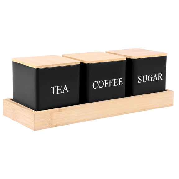 Keyohome 3 Pcs Metal Tea Coffee Sugar Canisters with Bamboo Lid and Tray Versatile Tea Coffee Sugar Storage Jars Space Saving Food Storage Jars for Kitchen Counter