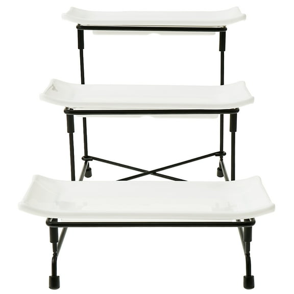 Keyohome 3 Tier Serving Tray Set Reusable Plastic Tiered Serving Tray with Black Metal Display Stand for Veggie Fruit Cookies Dessert
