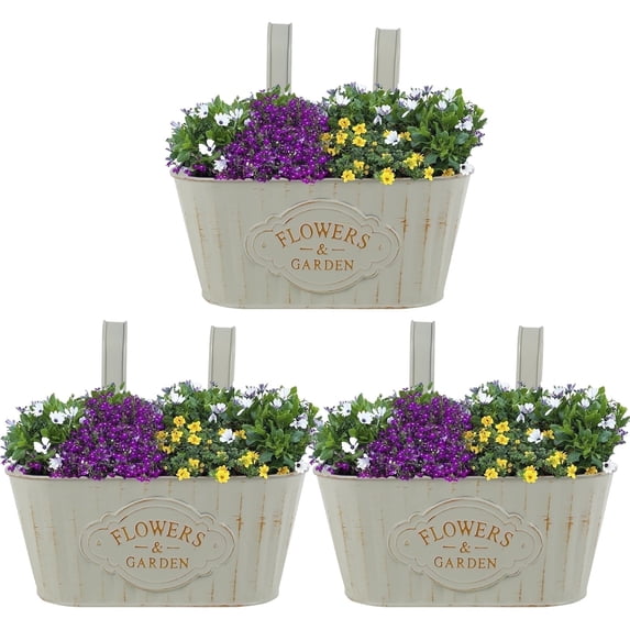 Keyohome 3Pcs Hanging Flower Pots,Metal Wall Planter,Iron Bucket Planter for Indoor Outdoor,Railing Hanger with Detachable Hooks,Drainage,Rustproof,off-White,10.6"