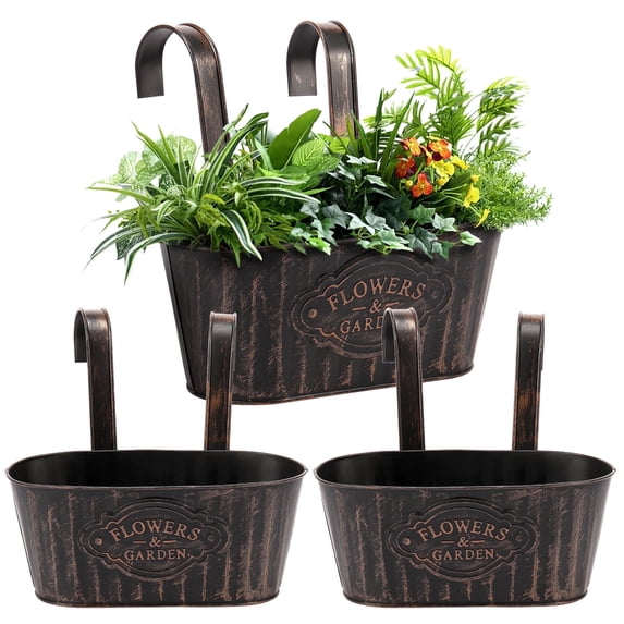 Keyohome 3Pcs Hanging Flower Pots,Metal Wall Planter,Iron Bucket Planter with Detachable Hooks for Indoor Outdoor,Drainage,Rustproof,Black,10.6"
