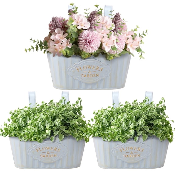 Keyohome 3Pcs Hanging Flower Pots,Metal Wall Planter,Iron Bucket Planter with Detachable Hooks for Indoor Outdoor,Drainage,Rustproof,Blue,10.6"