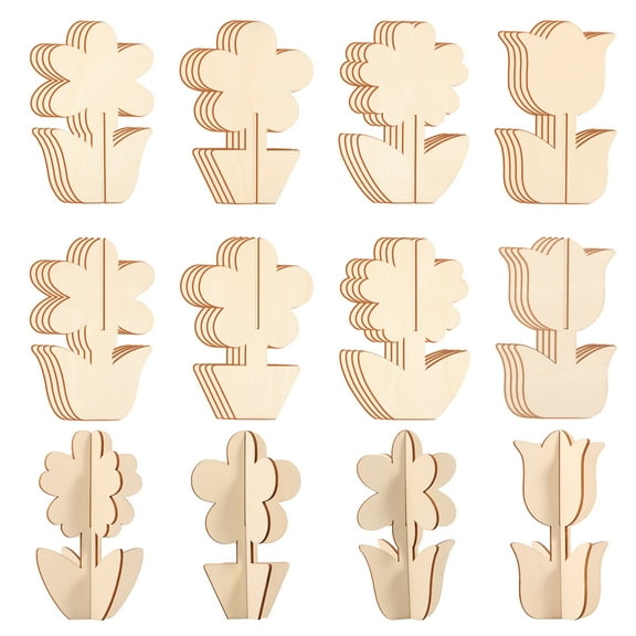Keyohome 40 Pcs Flower Spring Wood Cutout DIY Unfinished Wood Craft Fun Spring Flower Cutout Ornament for Painting Home Party Holiday