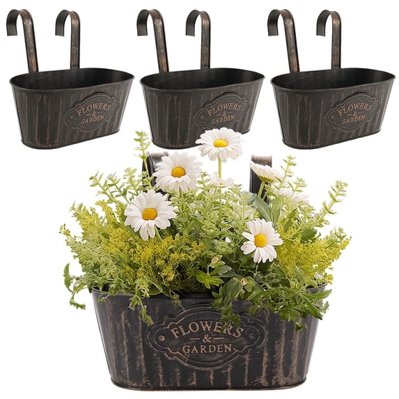 Keyohome 4Pcs Hanging Flower Pots,Metal Wall Planter,Iron Bucket Planter with Detachable Hooks for Indoor Outdoor,Drainage,Rustproof,Black,10.6"