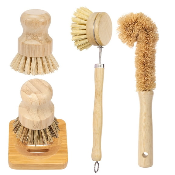 Keyohome 5 Pcs Bamboo Dish Brush Set Practical Dish Cleaning Brush Set Multifunctional Dish Washing Brush Set Ergonomic Kitchen Brush Set for Kitchen Cleaning Pots Pans Dishes