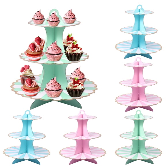 Keyohome 6Pcs Cardboard Cupcake Stand 3 Layer Round Dessert Tower Easy Access Cupcake Holder Easy to Move Paper Cake Stand for Party