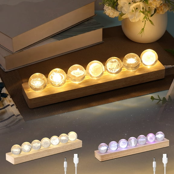 Keyohome 7PCS Solar System Planet Crystal Ball Light for room Planets Crystal Decoration LED Night Light with Wooden Base for Festival Present