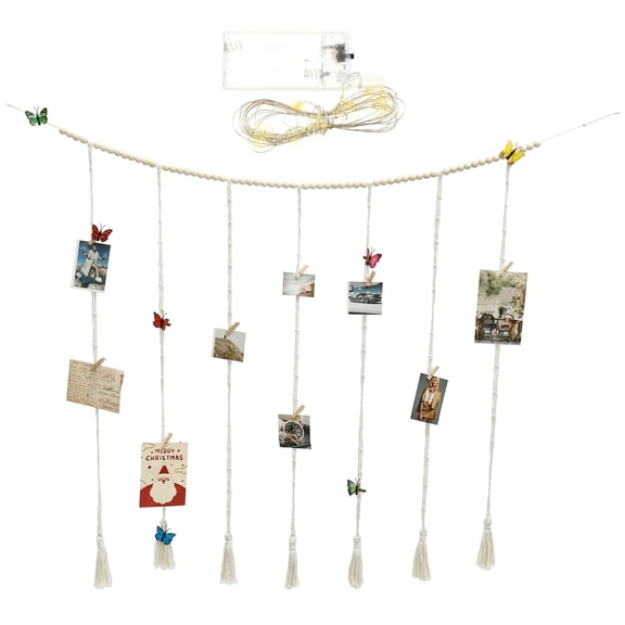 Keyohome Cotton Rope Macrame Hanging Photo Display with 45 Removable Wooden Clip and 7 Butterfly Decor Create Romance Decor for Bedroom