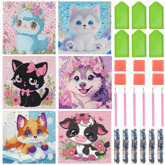 Keyohome Diamond Art Kits for Kids,Diamond Painting Kits for Beginners,6 Pack Cartoon Animals Diamond Dot Art for Adults,Full Drill Big Gem Art for Home Decoration,6.7" x 6.7"