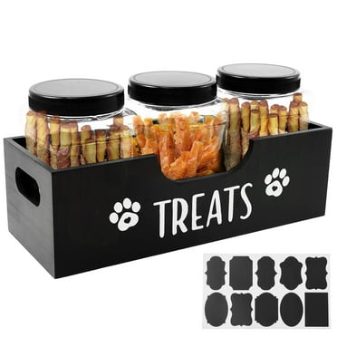 Keyohome Dog Treat Container Wood Dog Treat Holder with 3 Plastic Jar and Lid Multifunctional Pet Food Organizer for Home Living Room Kitchen