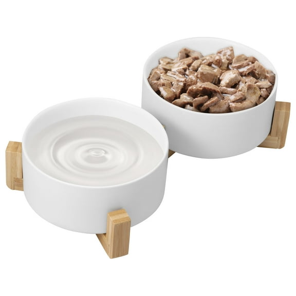 Keyohome Elevated Ceramic Dog Bowl Set Double 850ml Raised Dog Bowl with Wood Stand for Pet Feeding Microwave and Dishwasher Safe