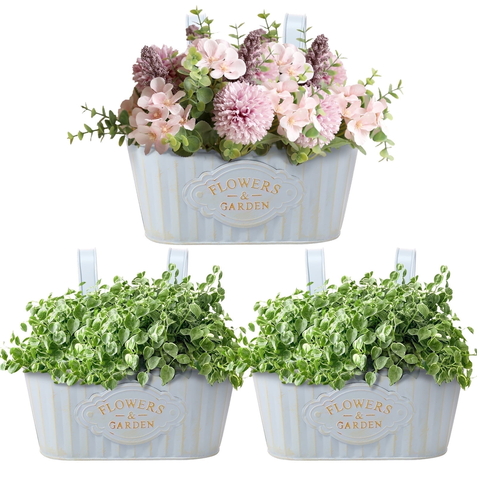 Keyohome 3Pcs Hanging Flower Pots,Metal Wall Planter,Iron Bucket Planter with Detachable Hooks for Indoor Outdoor,Drainage,Rustproof,Blue,10.6"