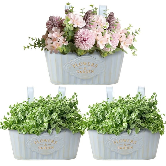 Keyohome 3Pcs Hanging Flower Pots,Metal Wall Planter,Iron Bucket Planter with Detachable Hooks for Indoor Outdoor,Drainage,Rustproof,Blue,10.6"