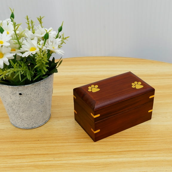Keyohome Pet Urn for Dog Ashes Small Wooden Cremation Urn for Dog and Cat Ashes Box Mahogany Funeral Keepsake for Pet Memorial Brass Paw Inlaid