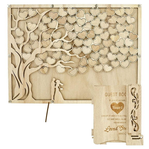 Keyohome Wedding Guest Book Alternative Personalized Guest Book Wedding Reception Practical Wedding Guest Book Set with Stand Card Box Wood Hearts for Anniversary Birthday Party Baby Shower