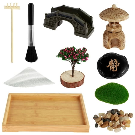 Keyohome Zen Garden Kit DIY Zen Sand Set Mini Desktop Zen Decor Garden Funny Meditation Zen Sand Gift with Artificial Tree Bridge 19x28cm