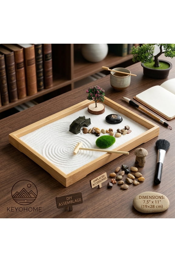 Zen Garden Kit DIY Zen Sand Set Mini Desktop Zen Decor Garden Funny Meditation Zen Sand Gift with Artificial Tree Bridge 19x28cm