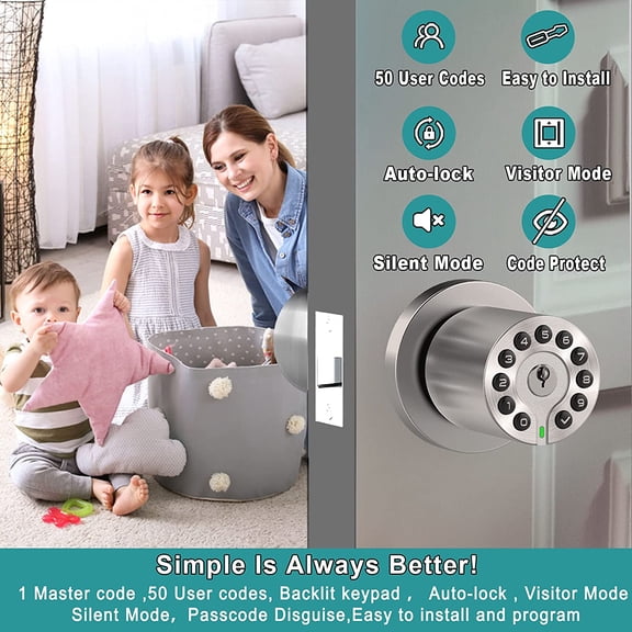 Keypad Door Knob with Key,Keyless Entry Door Lock, Code Locks Door Knob, Auto Lock,50 User Code,Easy to Install,for Home,Office,Hotel,Bedroom,Garage,No Deadbolt