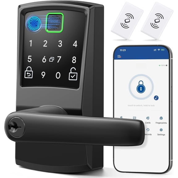 Keypad Door Lock with Handle, Fingerprint Keyless Entry Digital Lock for Front Door, Code Knob, Matte Black, Modern Style, Easy Installation,Deadbolt Alternative