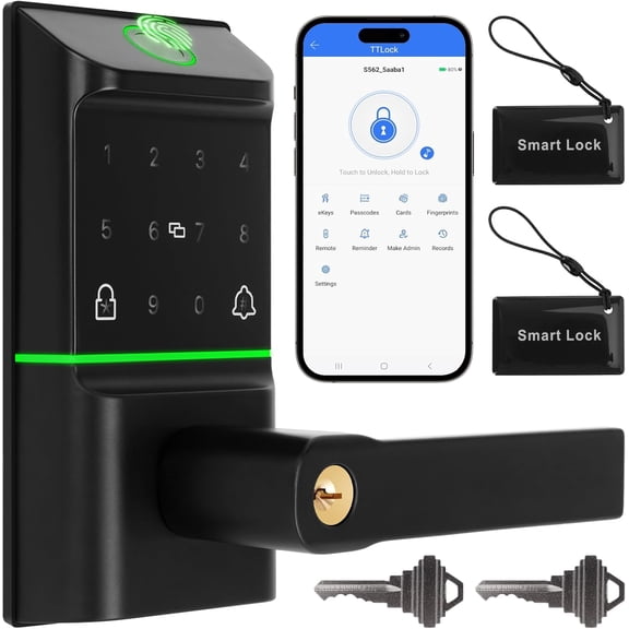 Keypad Smart Door Lock with Handle: Keyless Entry Deadbolt - Fingerprint & Keypad Door Lock for Front Door - Key & IC Card Access - Remote Control via APP - Secure Smart Lock