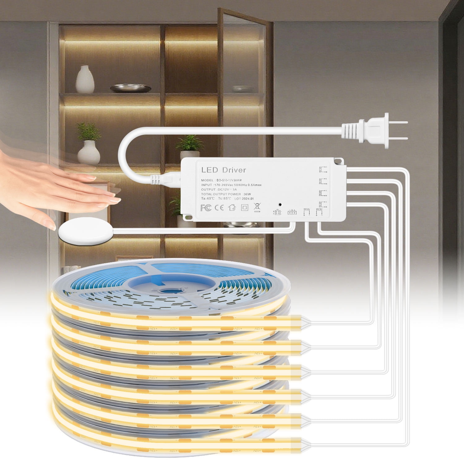 Keypai 6.56ft COB LED Strip Light, 6 Rolls of 3000K Flexible COB LED for Acoustic Panel and Wood Slat Wall Panels Parallel with Dimmable Touch Sensor Switch, Cuttable for Wood Slat Lighting, Shelf