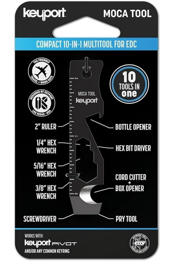MOCA 10-in-1 Keychain Multitool (Black Stainless Steel) - Bottle Opener, Screwdriver, Box Opener | Keyport & Keychain Compatible