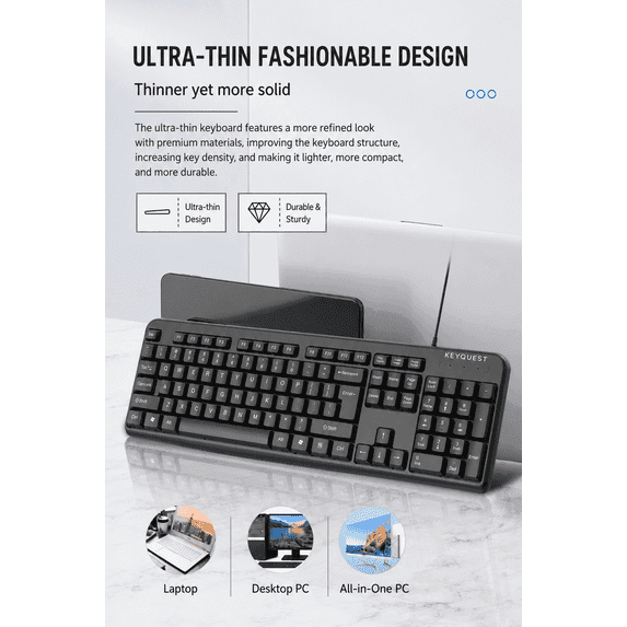 Keyquest USB Wired Keyboard Quiet Keys Ergonomic Full Size Plug and Play for Office Desktop Laptop