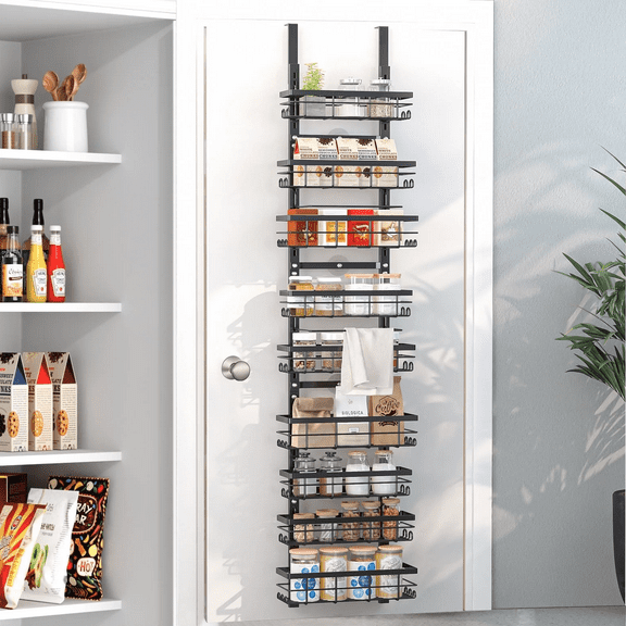 Keyrank 9-Tier Over the Door Pantry Organizer, Heavy-Duty Metal with 9 Baskets, Hanging Storage and Organization for Kitchen, Spice Rack (5.11x3.54 Width Baskets, Black)