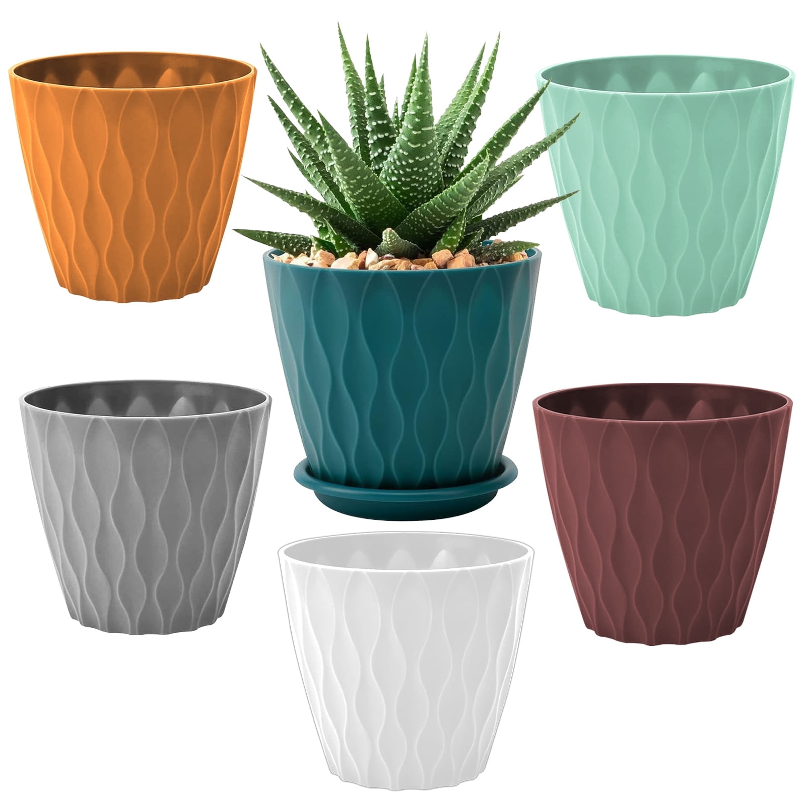 Keyrank Plant Pots 7 Inch Self Watering Pots, Set of 6 Plastic Planters with Drainage Holes and Saucers, Plastic Flower Pots, Nursery Planting Pot for Indoor Out Door Plants