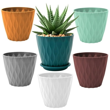 Keyrank Plant Pots 7 Inch Self Watering Pots, Set of 6 Plastic Planters with Drainage Holes and Saucers, Plastic Flower Pots, Nursery Planting Pot for Indoor Out Door Plants