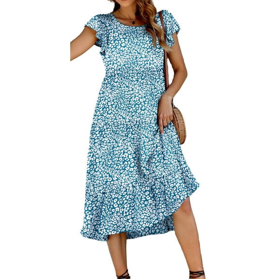 Fantaslook Dresses for Women Summer Casual Boho Dress Floral Print Ruffle Sleeve Midi Beach Dresses