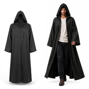 Halloween Hooded Robe Cloak, Men's Black Tunic Cosplay Costume, Medieval Themed Jedi Knight Cape for Adults - Size M
