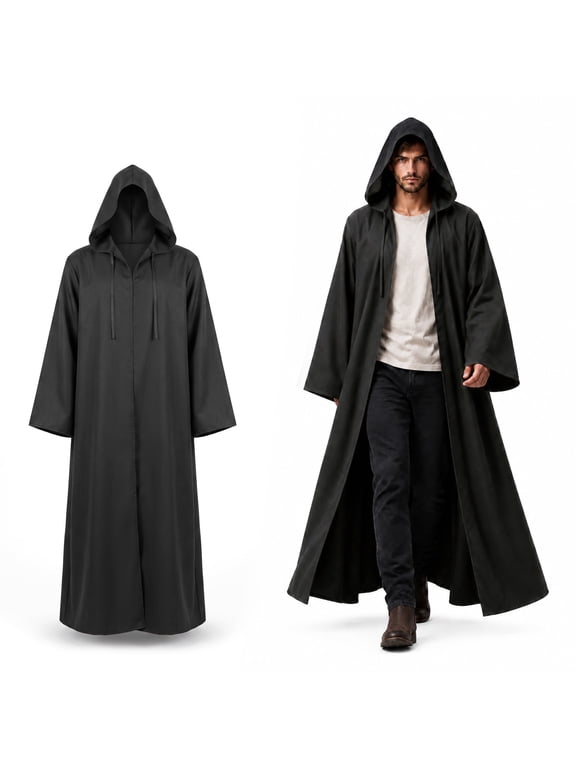 Halloween Hooded Robe Cloak, Men's Black Tunic Cosplay Costume, Medieval Themed Jedi Knight Cape for Adults - Size L