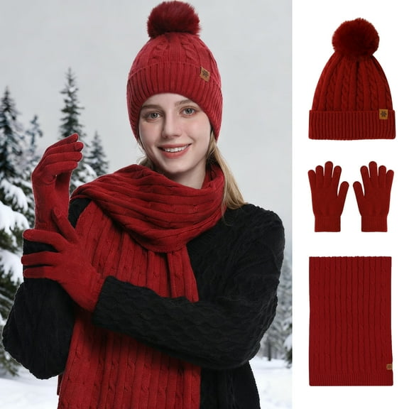 Keyroal Winter Accessories Set for Women, Hat Scarf Gloves with Touch Screen Fingers, Oversized Warm Knitted Scarf & Pom Pom Beanie (Red)