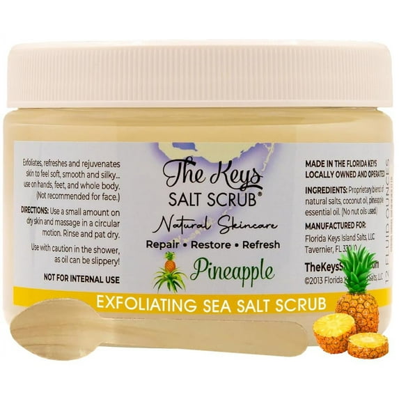The Keys Exfoliating Sea Salt Body Scrub - Organic Body Scrub with Pure Florida Sea Salt, Ideal Salt Scrub for Hands, Feet, Bikini Area, and Travel Size Body Scrub for Men & Women, Pineapple, 12 oz.