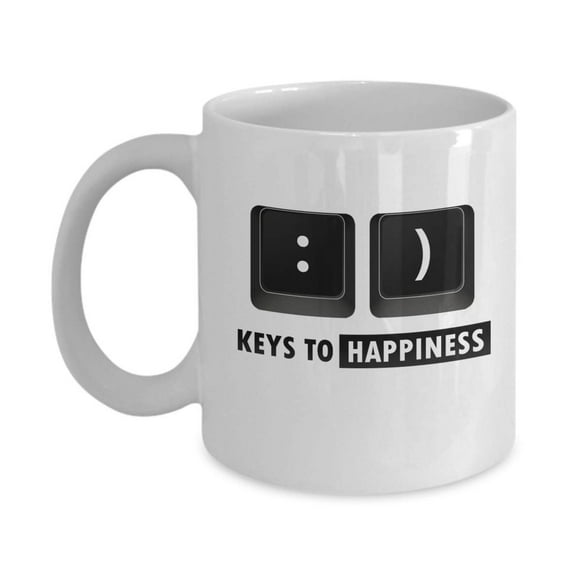 Keys To Happiness Funny Keyboard Pun Coffee & Tea Gift Mug Cup, Things And Office Supplies For A Typist, Computer Scientist, Software Engineer, Programmer, IT, Clerk & PC Gamer